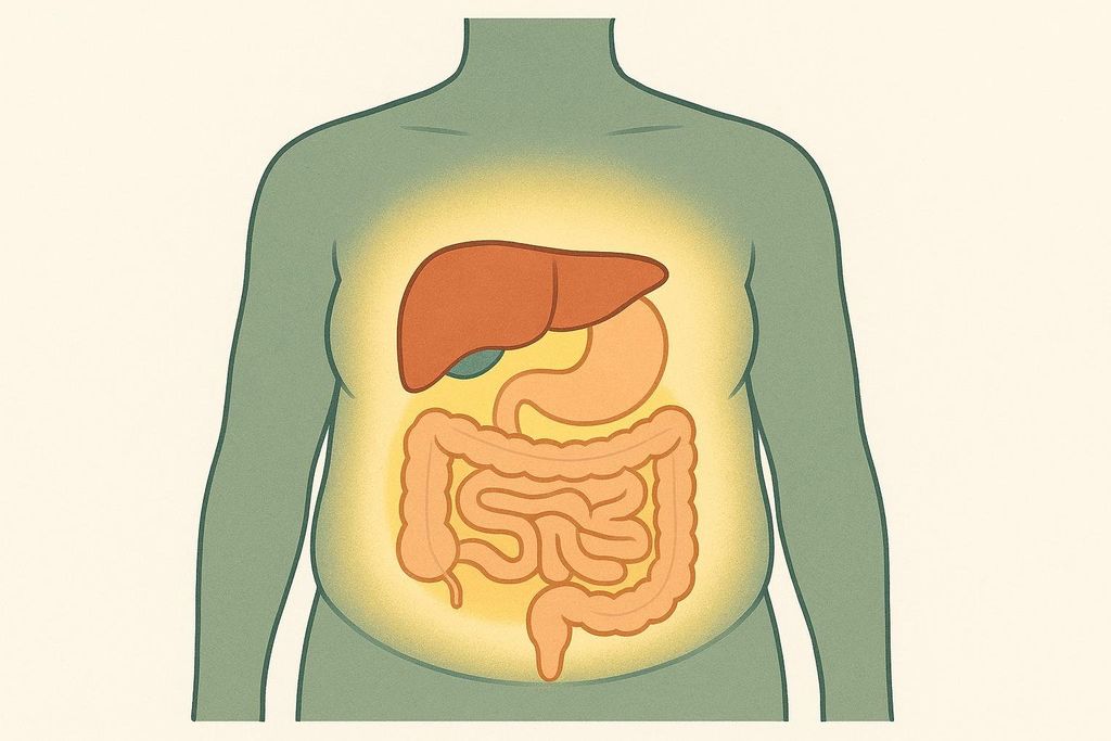 An illustration showing visceral fat surrounding the internal organs within a simplified human torso. The organs, including the liver, stomach, and intestines, are highlighted within a yellow glow, signifying the presence of fat around them.