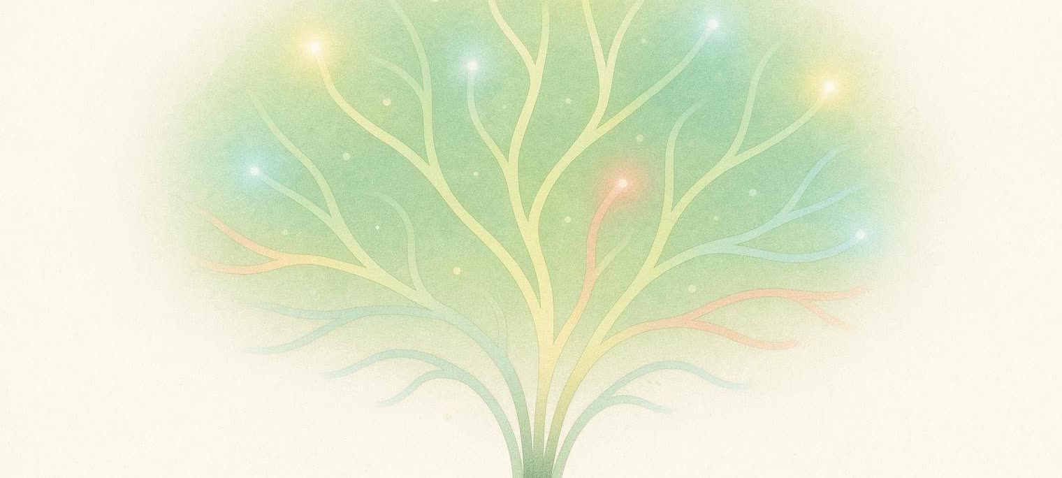An abstract illustration of a tree-like structure with glowing nodes on its branches, set against a faded green and cream background. The branches symbolize pathways of knowledge and scientific inquiry.