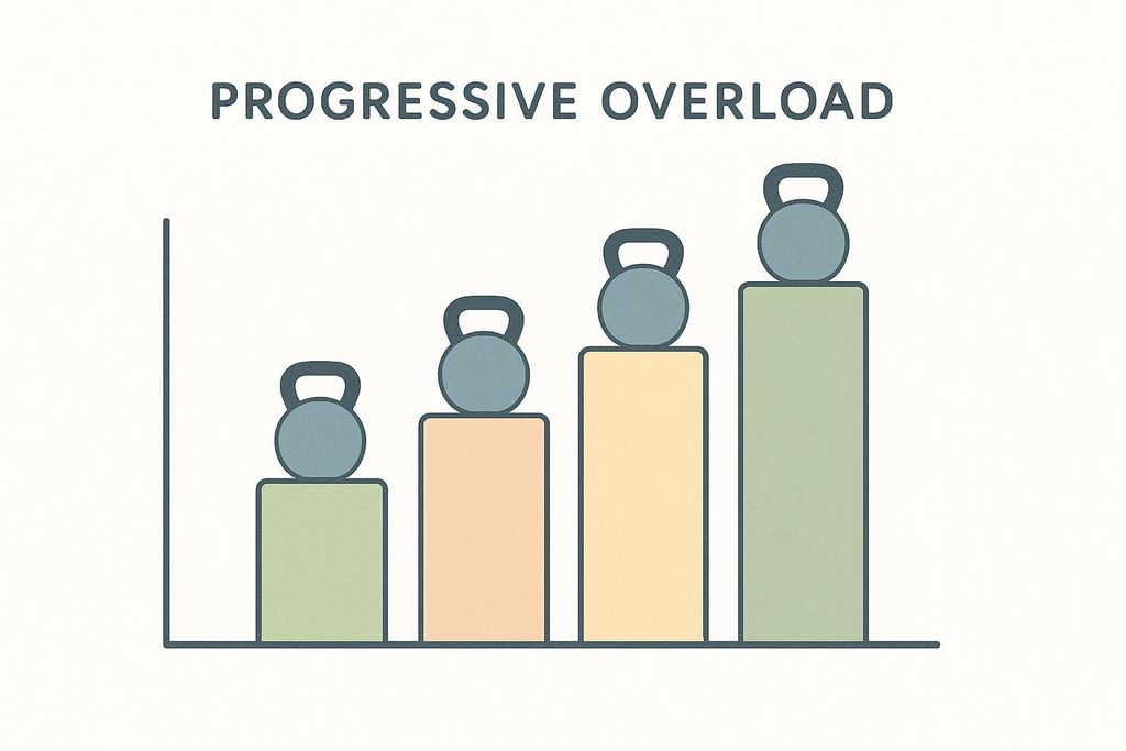 A bar chart titled 'PROGRESSIVE OVERLOAD' showing four bars of increasing height, each topped with a kettlebell. The kettlebells also increase in size, visually representing the principle of progressive overload in training.