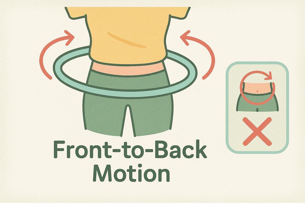 A diagram illustrating the correct front-to-back hip motion for hula hooping, with arrows indicating the movement, alongside a small red 'X' graphic showing an incorrect circular hip motion for comparison.