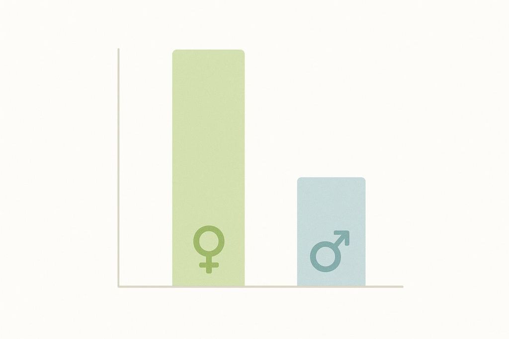 A bar chart shows a taller bar with a female symbol next to a shorter bar with a male symbol, visually comparing the heights.