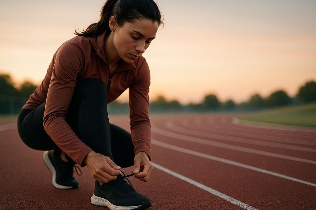 A female runner in athletic wear crouches on a red running track at dusk or dawn, focused on tying the laces of her black running shoe. The sky behind her is a soft gradient of orange and yellow.