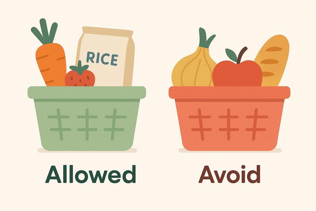 Two baskets infographic with a green basket of carrot, strawberry, rice bag labeled Allowed and a red basket of onion, apple, bread loaf labeled Avoid.