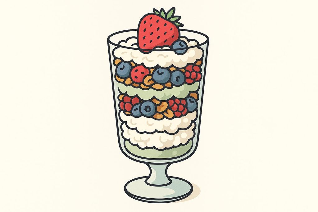 Illustration of a parfait with distinct layers of cottage cheese, granola, and various berries, topped with a whole strawberry.