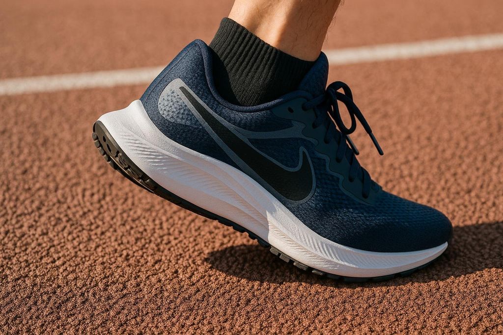 Close-up of a person's foot wearing a dark blue Nike running shoe with a white sole on a red running track. The shoe has black laces and a black Nike swoosh logo.