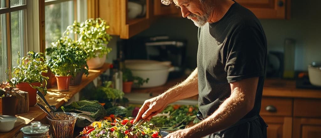 A man with a gray beard is preparing a large salad in a sunny kitchen. Pots of herbs sit on a windowsill behind him.