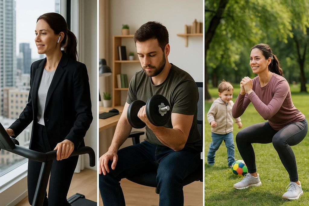 A split image showing three different people successfully fitting workouts into their busy lives: a professional on a treadmill, a remote worker lifting a dumbbell, and a parent doing squats with a child playing nearby.