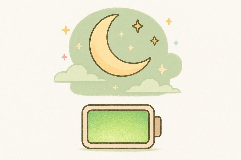 An illustration of a battery recharging under a night sky with a moon, symbolizing how sleep is essential for recovery. The battery is filled with green, indicating a full charge.
