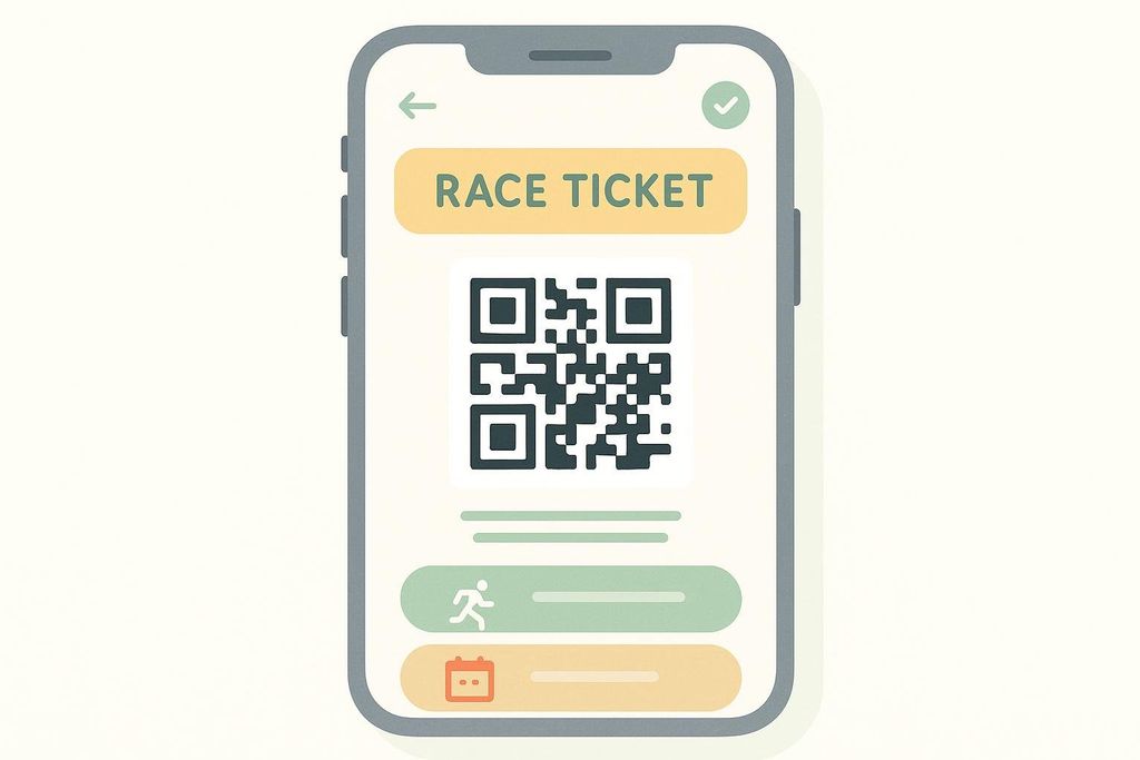 An illustration of a smartphone screen displaying a digital 'RACE TICKET' with a large QR code. Below the QR code are two rectangular buttons, one with a running person icon and the other with a calendar icon.