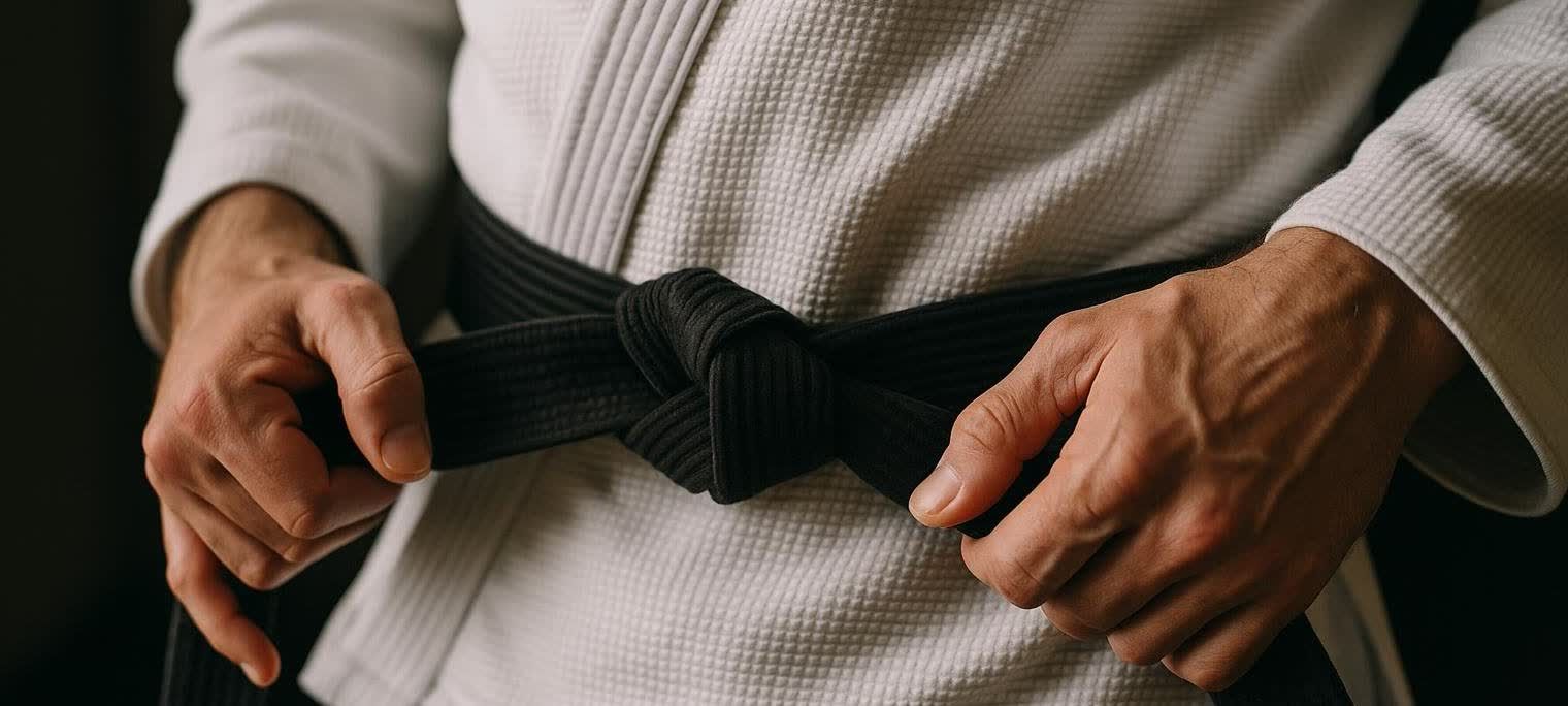 Close-up of hands tying a black belt around a white BJJ gi.