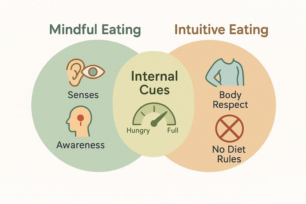 A Venn diagram illustrating the concepts of Mindful Eating and Intuitive Eating. Mindful Eating (left circle) includes 'Senses' and 'Awareness'. Intuitive Eating (right circle) includes 'Body Respect' and 'No Diet Rules'. The overlapping section, common to both, is 'Internal Cues', represented by a gauge from 'Hungry' to 'Full'.
