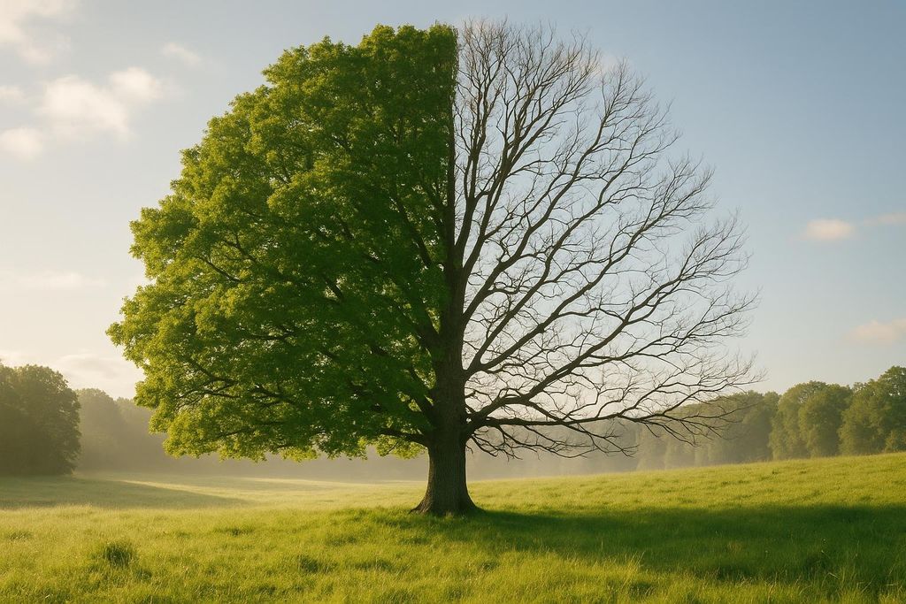 A majestic tree in a green field, split down the middle with one half covered in vibrant green leaves and the other half bare with only branches, illustrating the contrast between life and winter or aging.
