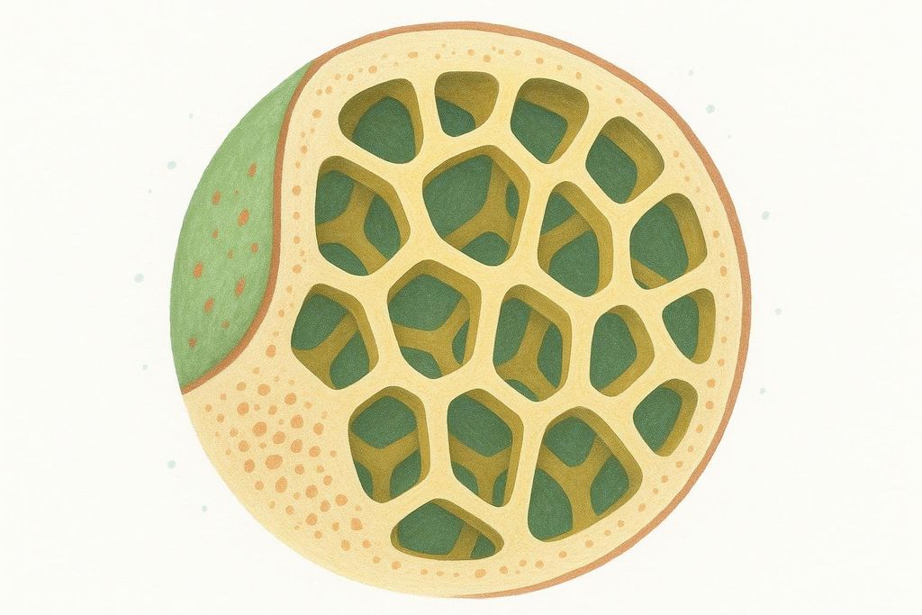 An illustration depicting a cross-section of healthy bone with a porous structure. The outer layer is green with small orange dots, and the inner bone matrix is light yellow with a honeycomb-like pattern, revealing a darker green interior.