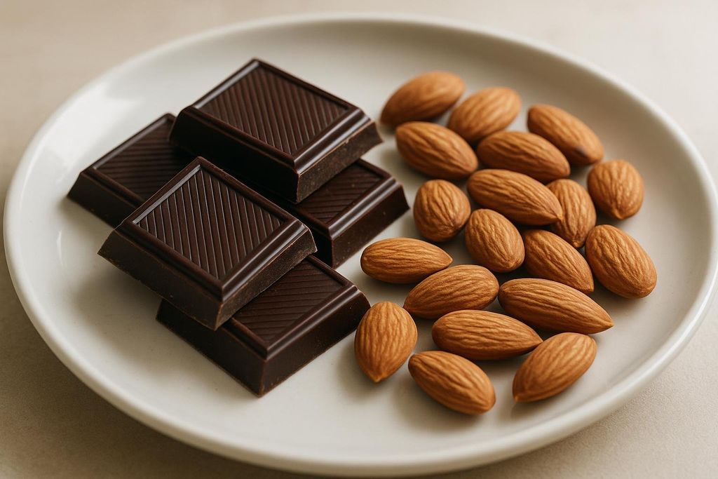 Close-up of a white plate with neatly stacked squares of dark chocolate next to a pile of whole shelled almonds.