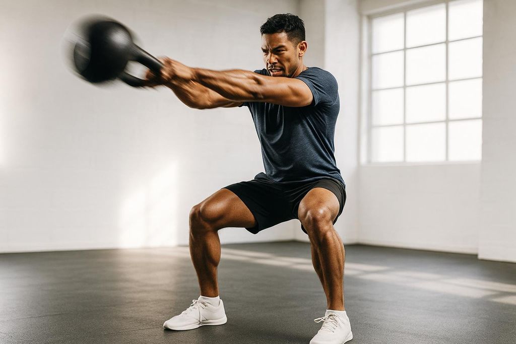 A man intensely performing a kettlebell swing in a gym, with his arms extended and body in a squat position, showing muscle definition.