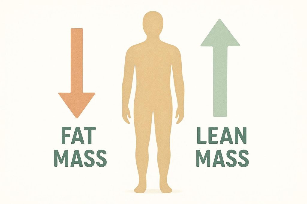An illustration of a human silhouette with an arrow pointing down labeled 'Fat Mass' and an arrow pointing up labeled 'Lean Mass', signifying the desired change in body composition for a healthier physique.