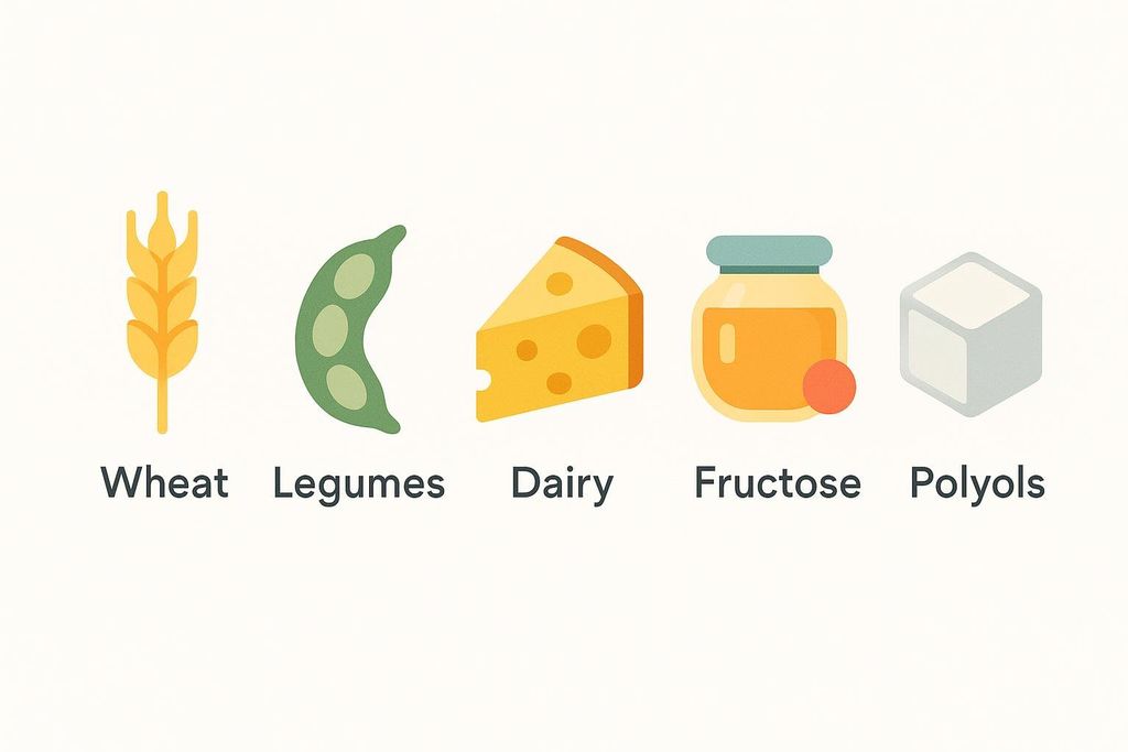 Five icons of wheat, legumes, dairy, fructose, and polyols arranged in a row with labels beneath each.