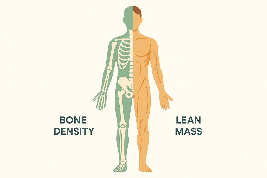 An illustration of a human body split vertically down the middle. The left side, colored green, shows a skeleton with the text 'BONE DENSITY' next to it. The right side, colored orange, shows the outer form of a human body with the text 'LEAN MASS' next to it. This image highlights bone density and lean mass as components of body composition.