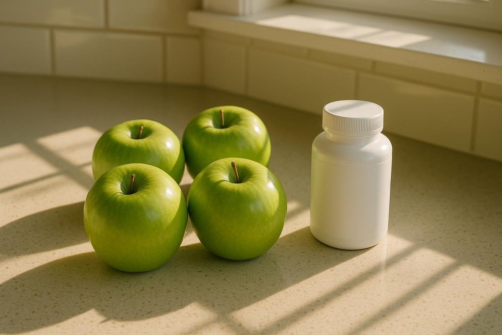 Four vibrant green apples are neatly arranged next to a plain white supplement bottle on a sunlit kitchen counter. Sunlight casts sharp shadows from a window onto the speckled countertop and parts of the apples, highlighting the glossy textures.