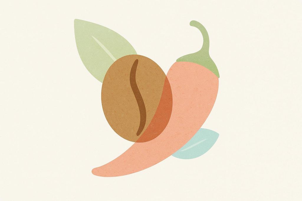 A stylized icon featuring an overlapping brown coffee bean and a light orange chili pepper with a green stem, accompanied by two light green and light blue leaves, all on a light off-white background.