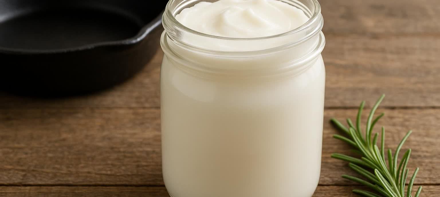 A jar of pure white beef tallow on a rustic wooden table, with a cast iron skillet and a sprig of fresh rosemary visible in the background, suggesting culinary use.