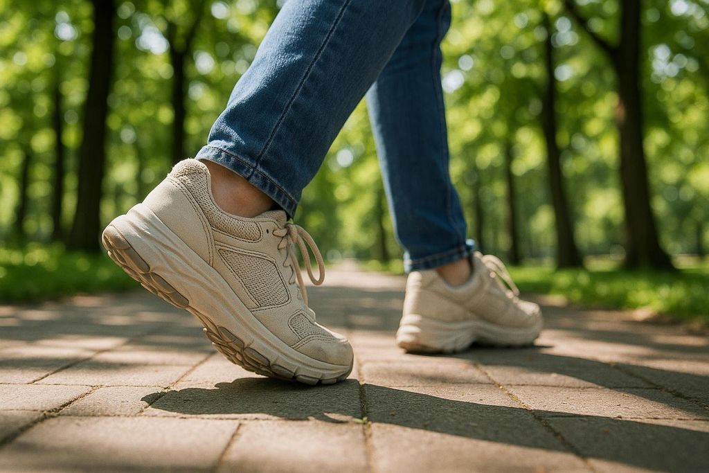 Close-up of a person wearing beige walking shoes and blue jeans walking on a paved path in a sunny park with trees and green grass.