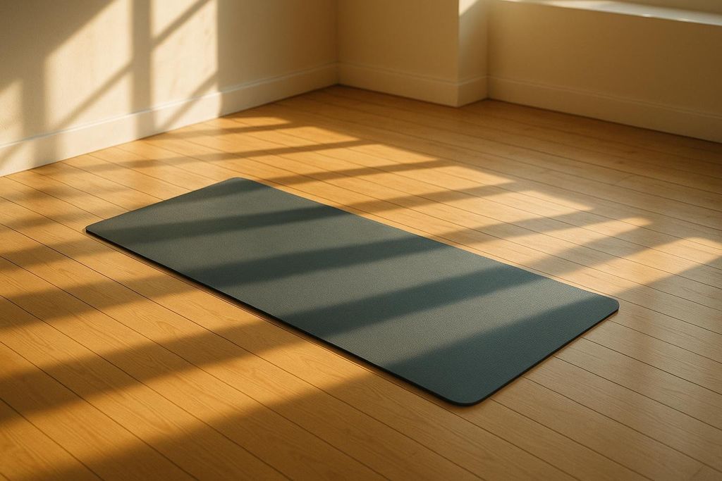 A clean, empty yoga mat rolled out in a bright morning room.
