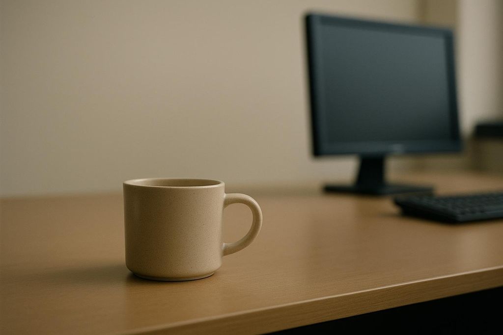 A cream-colored coffee mug sits on a light brown wooden desk, with a blurred dark computer monitor and keyboard in the background.