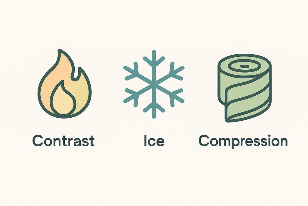 Three icons representing different recovery therapies: a flame for contrast therapy, a snowflake for ice therapy, and a rolled bandage for compression therapy. Each icon has its respective name written below it.