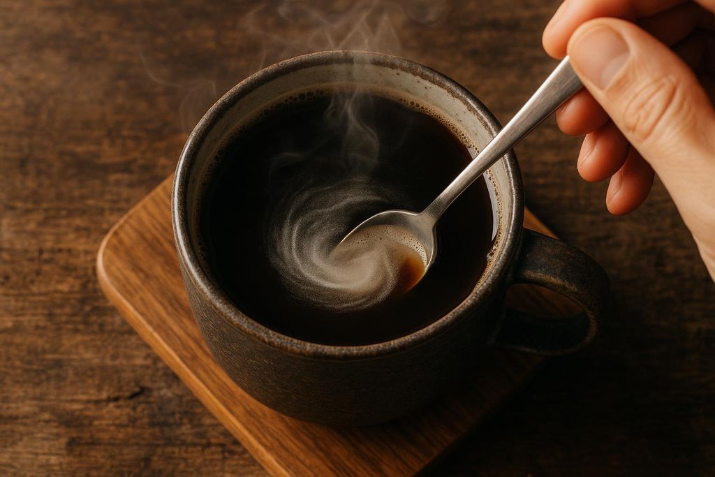 Overhead view of hot coffee with collagen powder being stirred in, creating a swirling white pattern in the dark liquid.