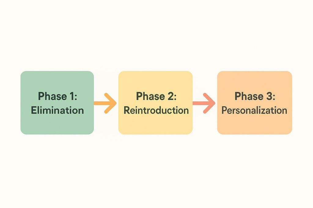 Flowchart showing Phase 1 Elimination, Phase 2 Reintroduction, and Phase 3 Personalization connected by arrows.