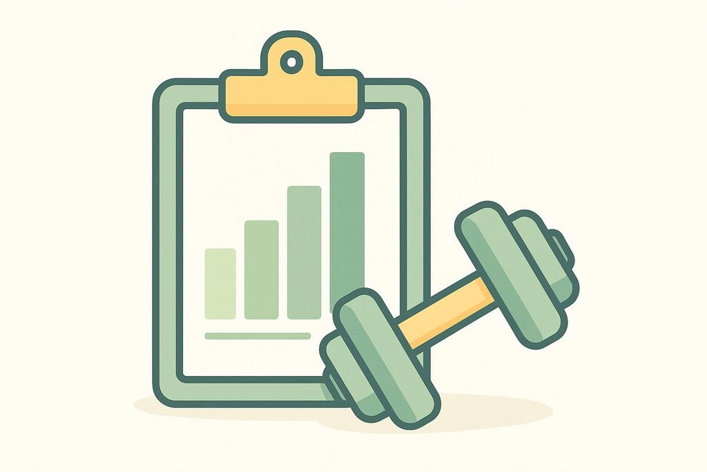 An illustration showing a clipboard with a bar graph and a dumbbell resting against it, symbolizing a structured fitness training plan or workout progress tracking.