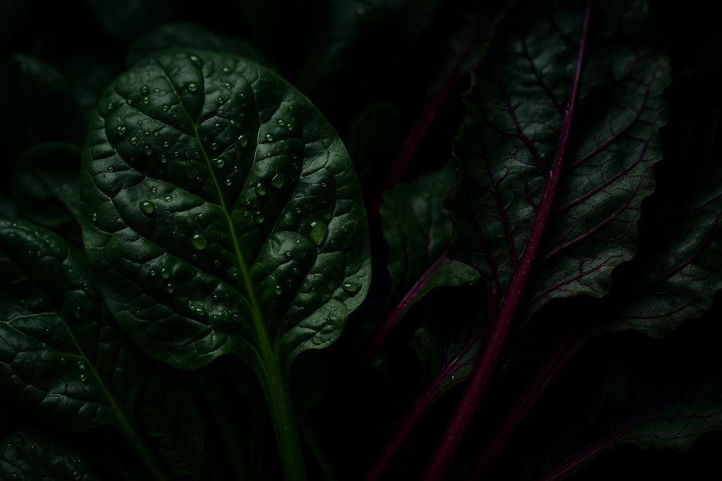Close-up of dark green spinach leaves with water droplets and darker green beet leaves with red veins, all set against a dark background.