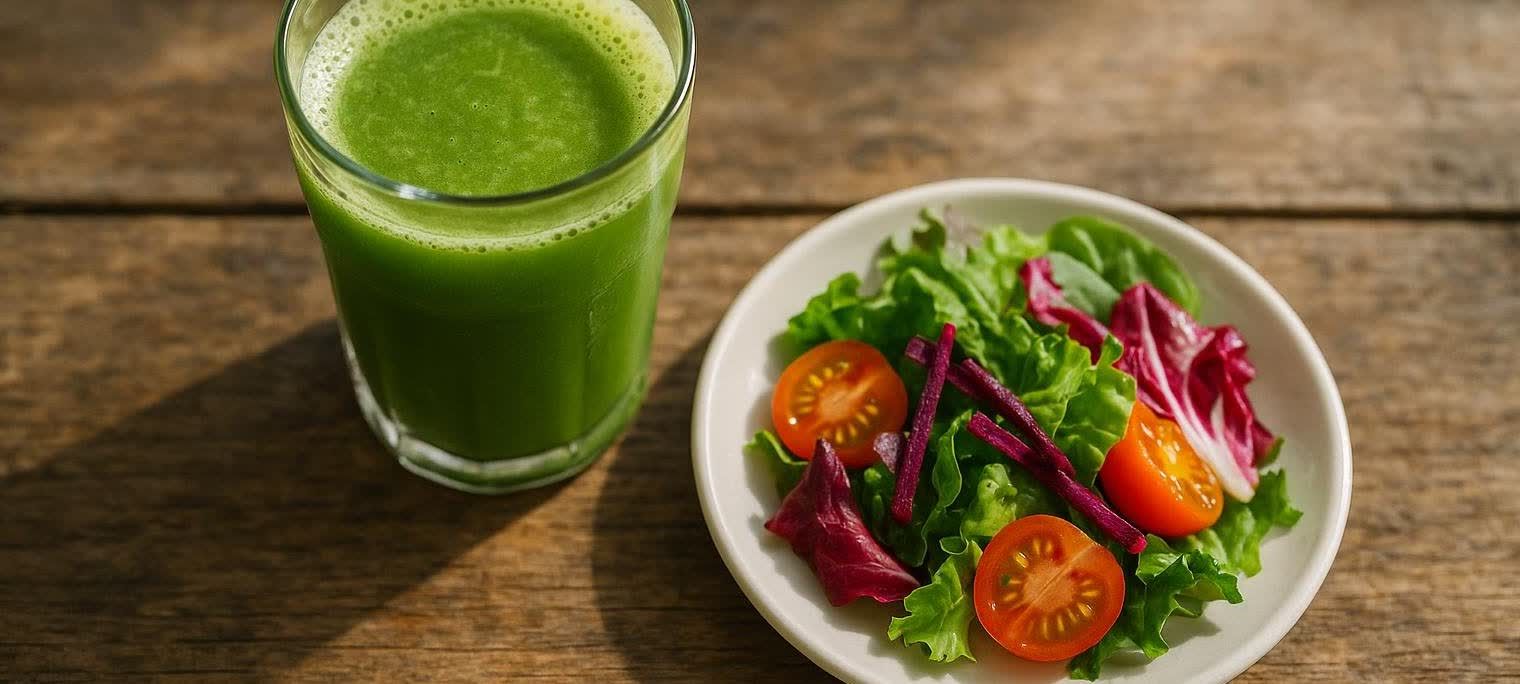 A glass of vibrant green juice and a small white plate with a colorful salad on a rustic wooden table. The salad includes various green and red lettuce leaves, halved cherry tomatoes, and purple beet sticks.