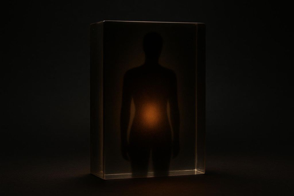 A dark, silhouetted human figure is contained within a translucent, rectangular block. The abdomen area of the silhouette emits a soft, warm orange glow against the dark background.