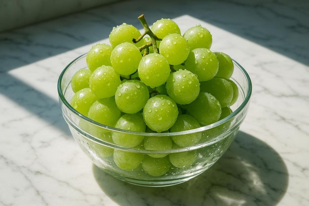 A clear glass bowl filled with wet, vibrant green grapes, featuring visible water droplets on their surface. The bowl rests on a white marble surface, with shadows creating a dramatic lighting effect.