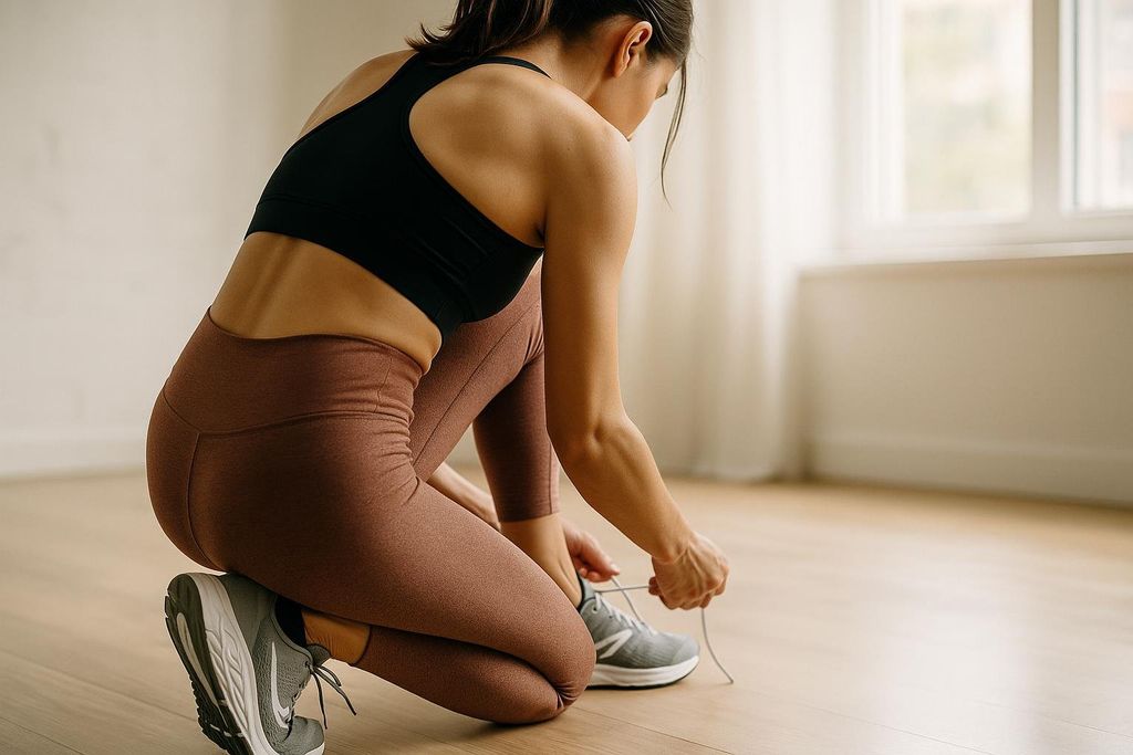 A woman wearing workout clothes kneels to tie her grey running shoe before beginning a workout.