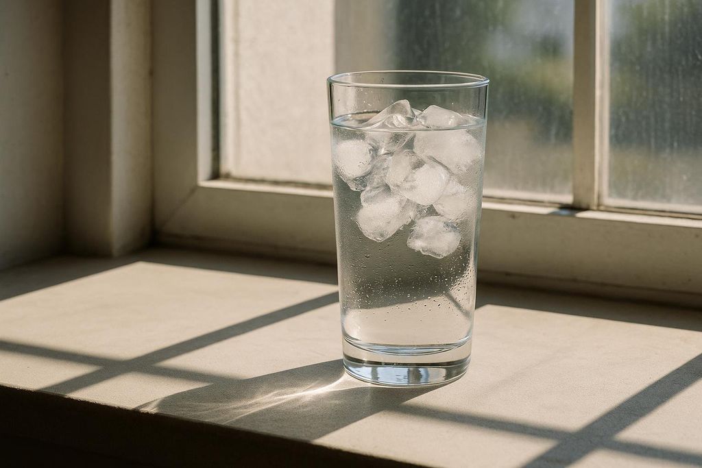 A clear glass filled with water and ice cubes sits on a sunlit windowsill. The window frame is visible in the soft-focus background, and distinct shadows from the window panes fall across the sill.