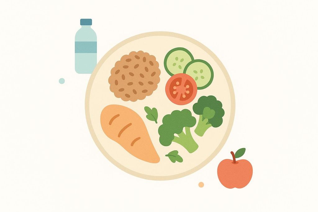 An illustration depicting a balanced meal on a plate, including a portion of brown rice, a large carrot, broccoli florets, and sliced cucumbers and tomatoes. A water bottle is above the plate and an apple is below it, all set against a light background.