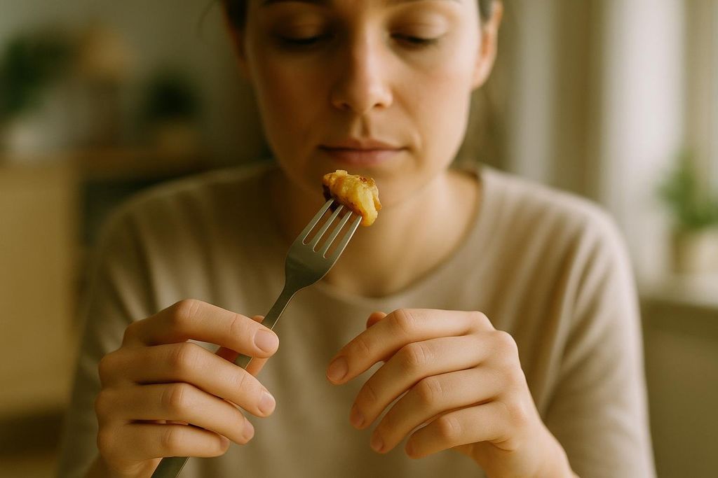 A close-up shot of a woman with her eyes closed, holding a fork with a piece of food on it, practicing mindful eating by appreciating her meal.