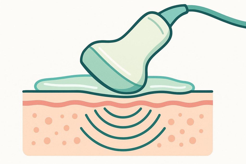 An illustration showing a simplified ultrasound probe applied to skin with gel, emitting curved sound waves into the tissue below. The skin layers are visible, with deeper layers animated by small circles.