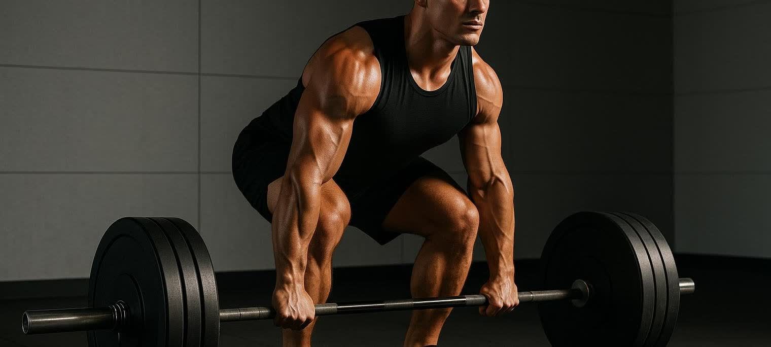 A muscular man performing a deadlift in a modern gym, showcasing his strong form and physique in a well-lit setting.