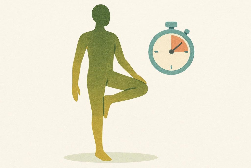 An illustration depicting a person in a one-legged balance pose, with their right foot resting against the inside of their left thigh. A stopwatch next to them shows a short amount of time has passed.