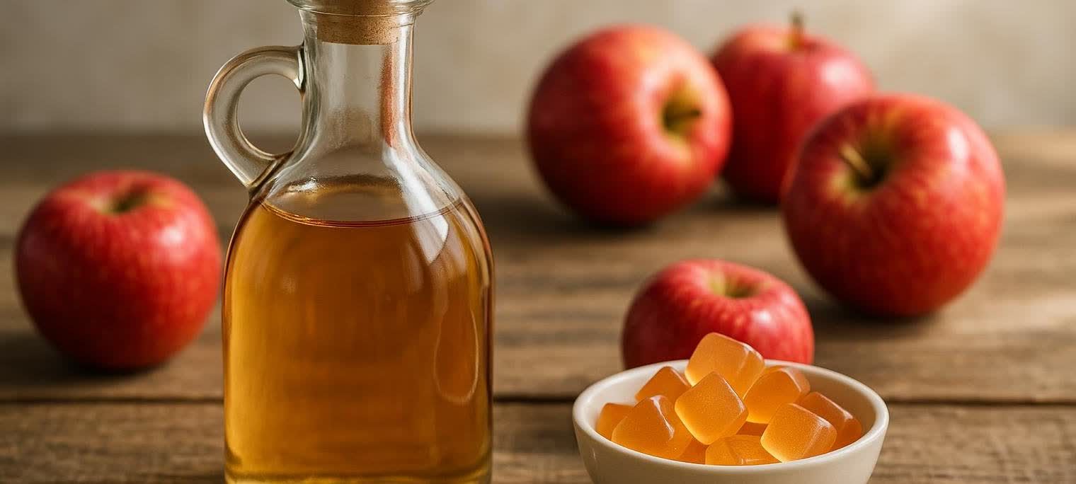 A clear bottle of apple cider vinegar and a small white bowl of orange ACV gummies are displayed on a wooden surface, surrounded by several fresh red apples.
