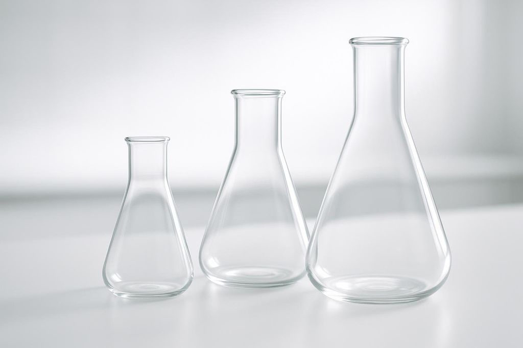 Three empty, clear glass Erlenmeyer flasks of varying sizes (small, medium, large) are arranged in a row on a white surface with a soft, blurred white background. They are angled slightly, showing their conical bodies and narrow necks.