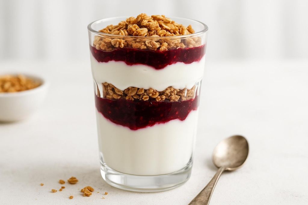 A delicious and healthy power parfait with layers of yogurt, berries, and granola in a tall glass, with a spoon beside it and some scattered granola.