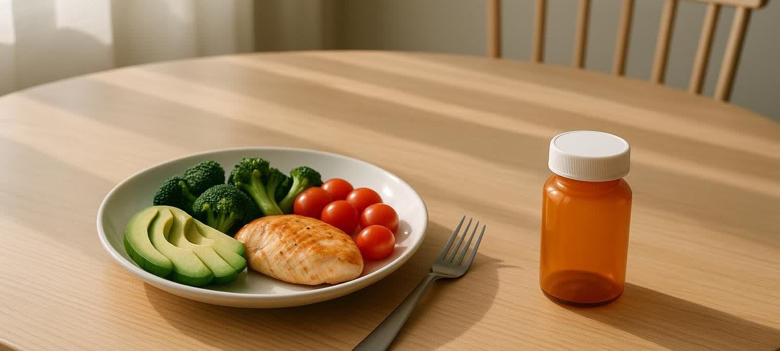 A white plate with a healthy meal of grilled chicken, broccoli, cherry tomatoes, and sliced avocado sits on a wooden table next to an amber medication bottle. A fork rests beside the plate.