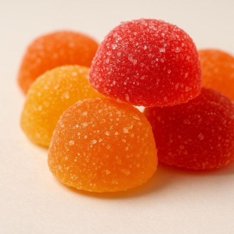 Macro shot of sugar crystals on gummy vitamins