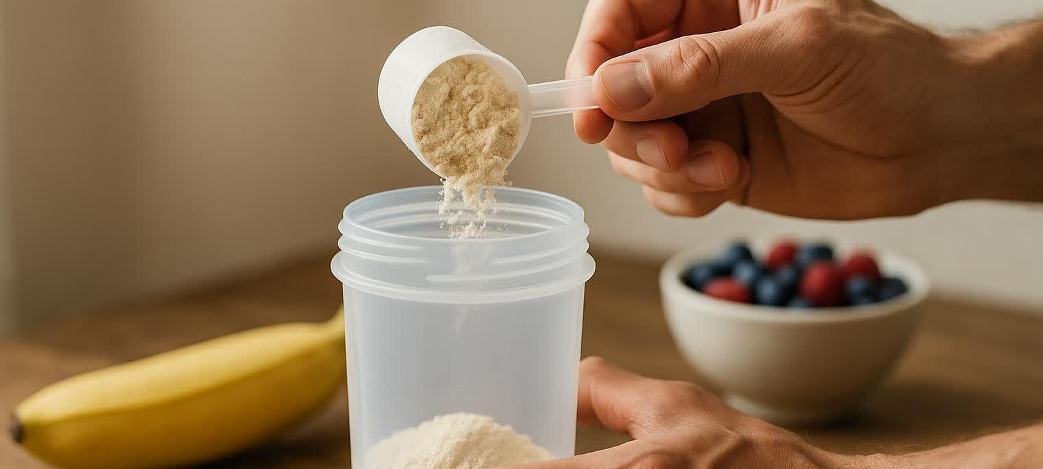 A person's hands are shown preparing a protein shake. One hand holds a scoop of protein powder, which is being poured into a clear plastic shaker bottle. On the counter next to the shaker are a yellow banana and a white bowl filled with blueberries and raspberries, suggesting ingredients for the shake or a healthy snack.