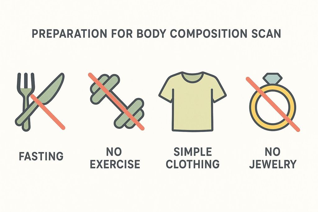 Visual guide showing how to prepare for a body composition scan, including fasting, avoiding exercise, wearing simple clothes, and removing jewelry.